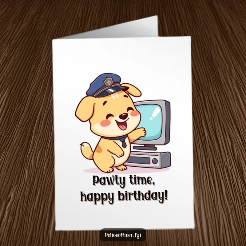 Funny Free Printable Birthday Card: A happy, tail-wagging dog in a police hat points excitedly at a TV.