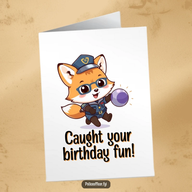 Funny Free Printable Birthday Card: A fox cub in police attire joyfully chases a bouncing ball, a humorous downloadable gift.