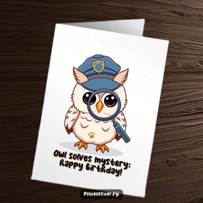 Funny Free Printable Birthday Card featuring a wise owl in a police cap, using a magnifying glass to hilariously inspect a tiny footprint.