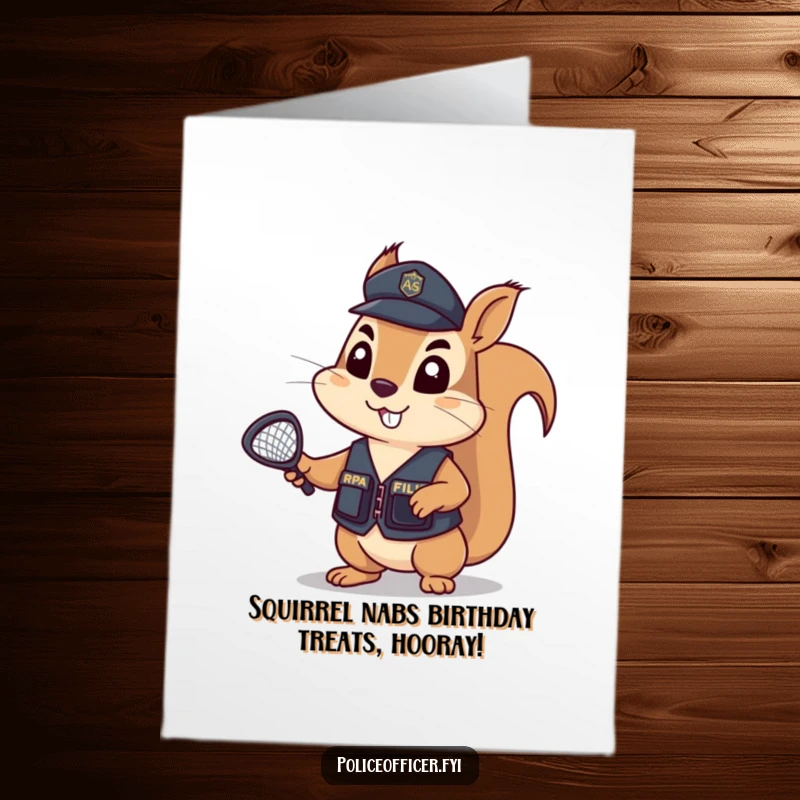 Funny Free Printable Birthday Card featuring a determined squirrel in a police vest, net raised, humorously ready to catch birthday wishes.