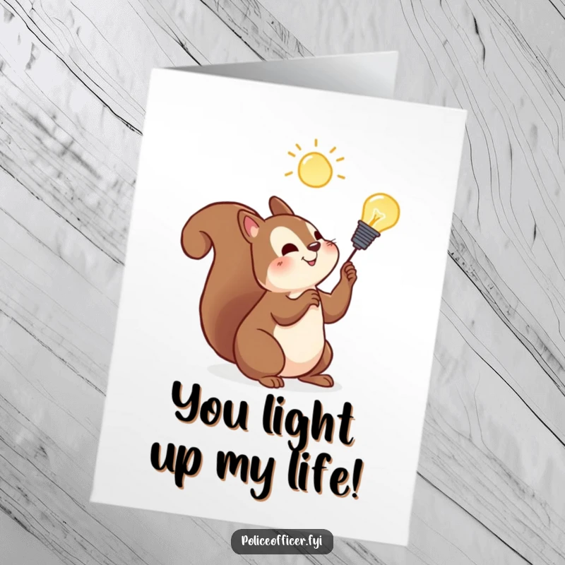 Funny Free Printable Birthday Card: Cheerful squirrel intently observing a glowing lightbulb, brilliant birthday wish idea.