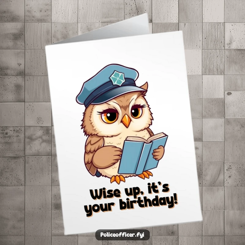 Funny free printable birthday card featuring a wise owl in a police cap reading a book with a concerned expression, offering thoughtful wishes.