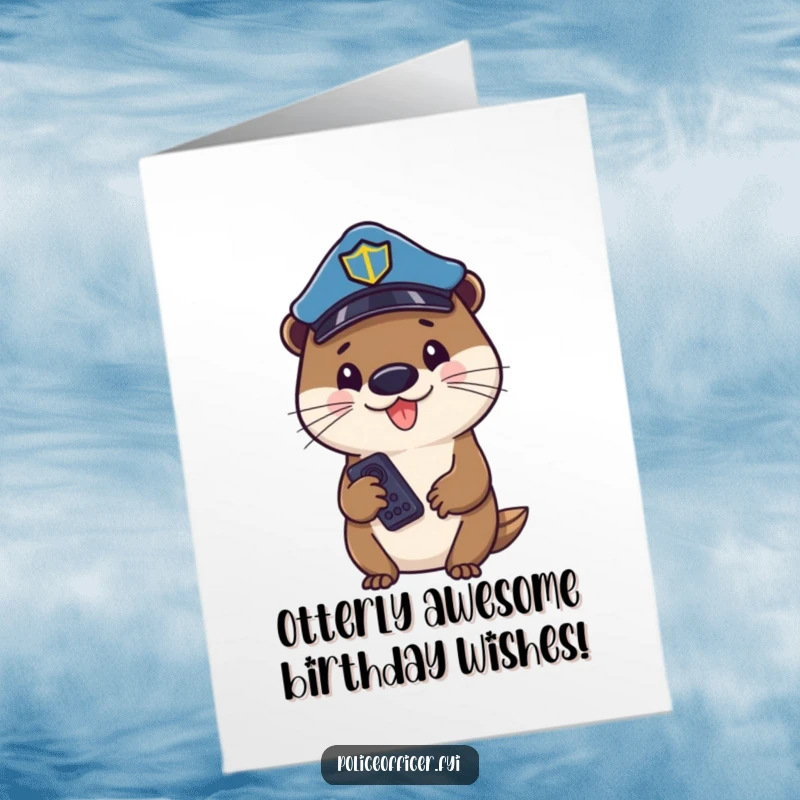 Funny Free Printable Birthday Card: Otter wearing a police hat joyfully holds a remote, ready to control the fun. Download now!