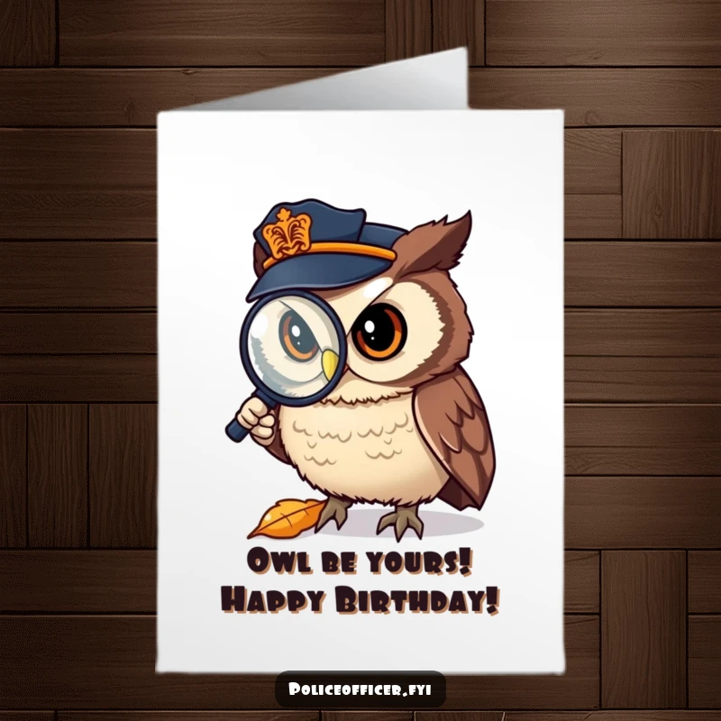 Funny Free Printable Birthday Card: Owl police officer intently squints through a magnifying glass at a fallen leaf.