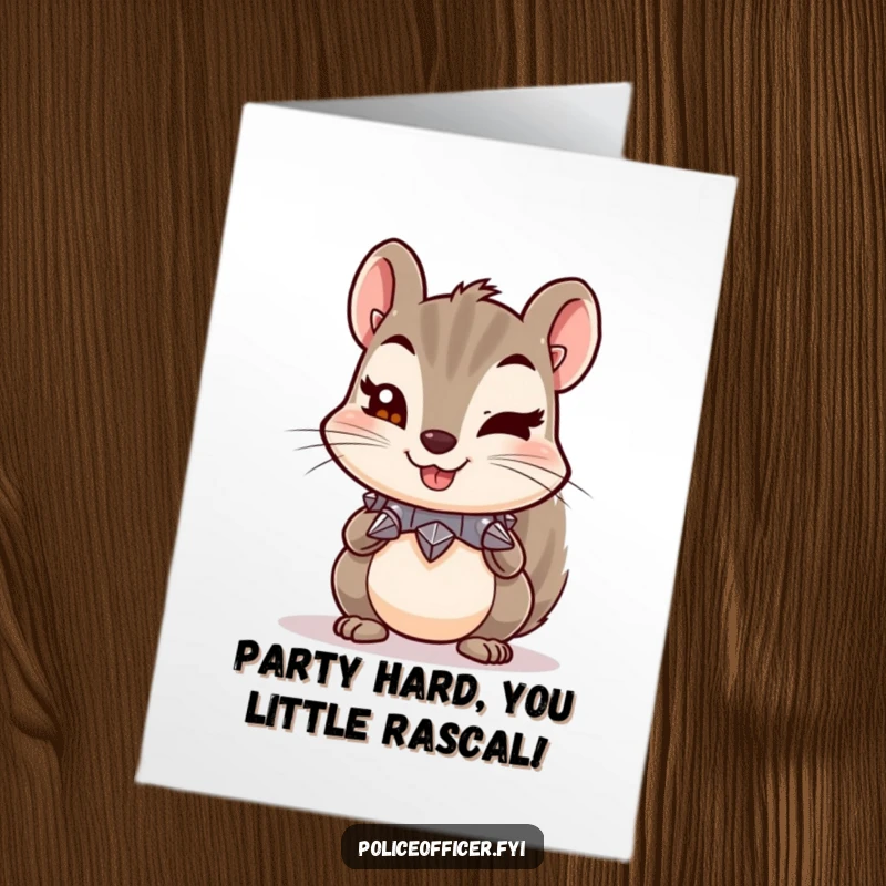 Funny Free Printable Birthday Card: Mischievous squirrel with spiked collar winks cheekily, ready for birthday fun.