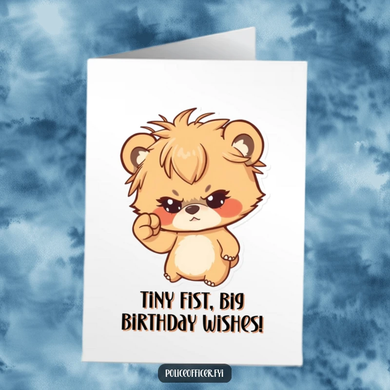 Funny Free Printable Birthday Card: Messy haired bear cub determinedly shaking a tiny fist, ready to celebrate.