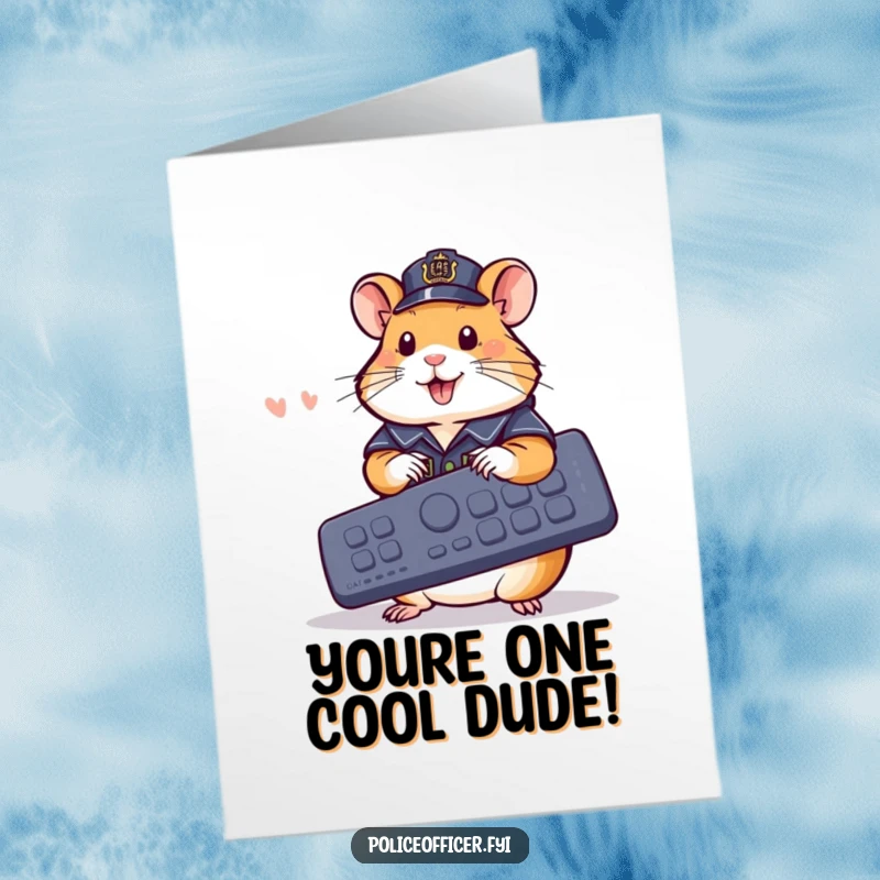 Funny Free Printable Birthday Card: A cheerful hamster in a police outfit excitedly presses buttons on a giant remote.
