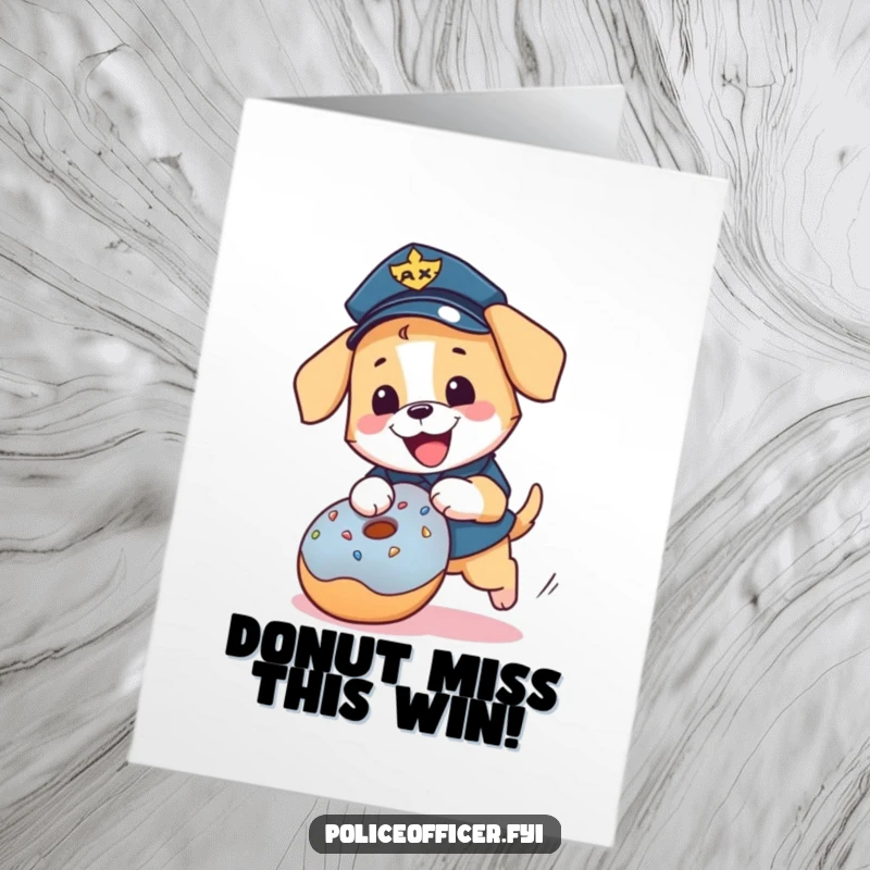 Funny Free Printable Congratulations Card: A happy puppy police officer excitedly pursues a rolling donut, symbolizing sweet success.