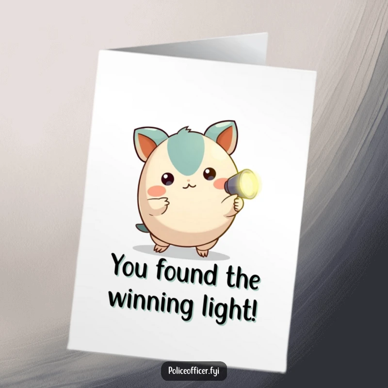 Funny Free Printable Congratulations Card: Alert creature points a flashlight, shining light on a congratulatory moment.
