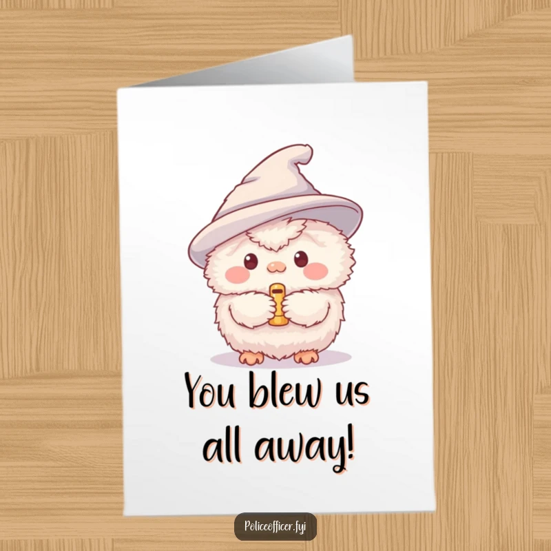 Funny Free Printable Congratulations Card: Fluffy creature with a party hat and whistle, celebrating an achievement.