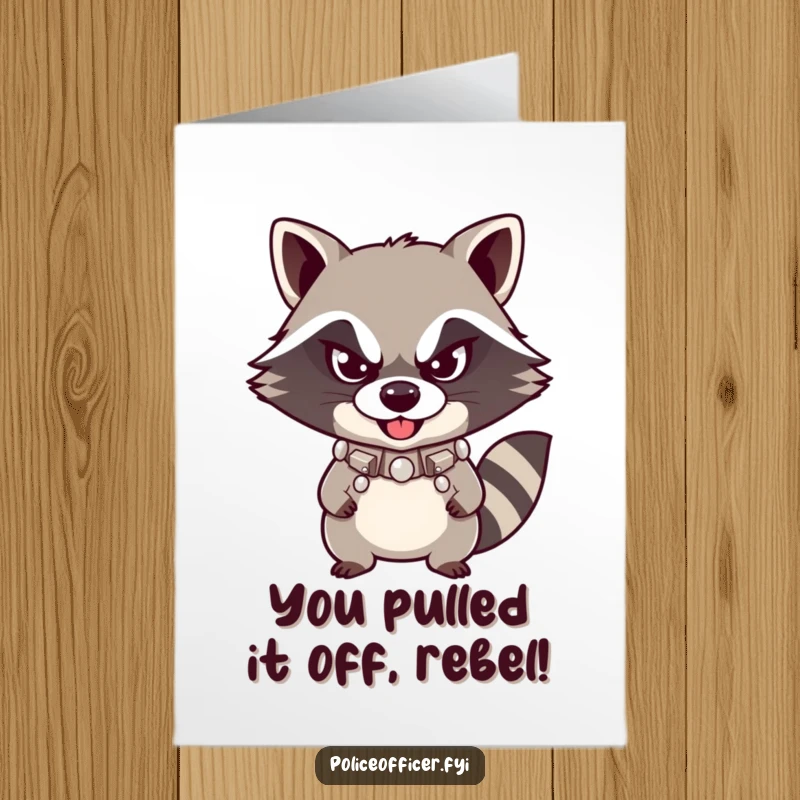 Funny Free Printable Congrats Card: Mischievous raccoon with a studded collar and a defiant smirk, celebrating your awesome win.