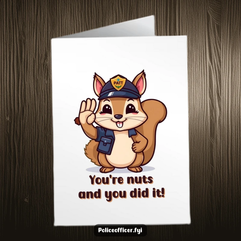 Funny Free Printable Congratulations Card: Happy squirrel police officer salutes smartly while holding an acorn.
