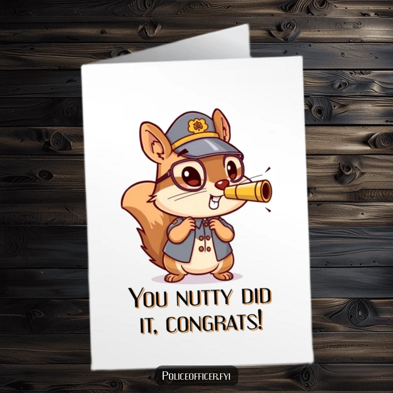 Free printable congratulations card featuring a zippy squirrel officer blowing hard on a miniature whistle with excitement.
