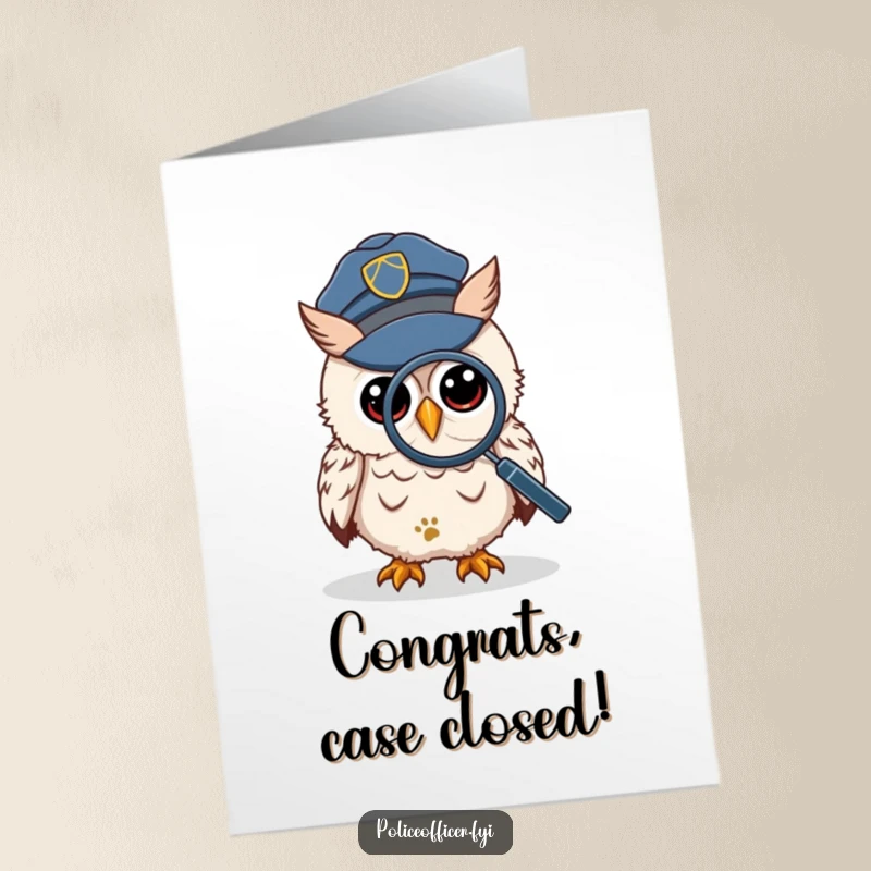 Funny Free Printable Congratulations Card showing a wise owl in a police cap, magnifying glass focused on a tiny footprint, humorously celebrating success.