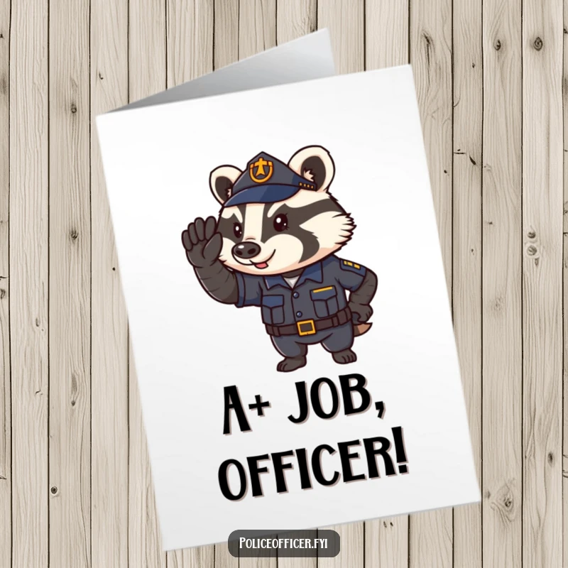 Funny Free Printable Badger Policeman Congratulations Card: A smiling badger policeman salutes, celebrating a job well done with pride.
