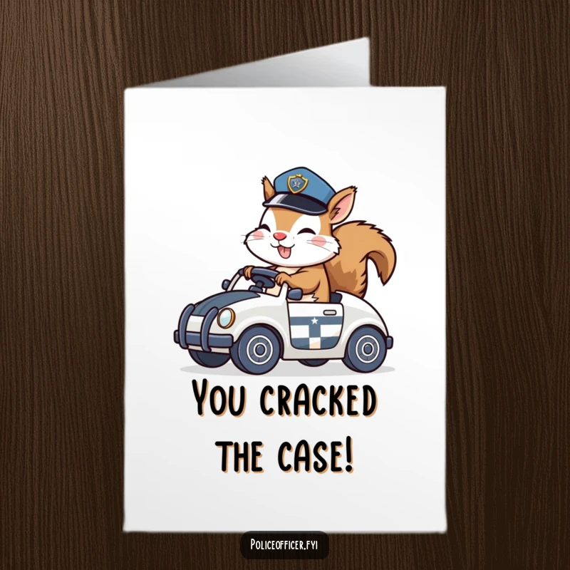 Funny Free Printable Squirrel Policeman Congratulations Card: A giggling squirrel in a police hat races in a toy car, celebrating success.