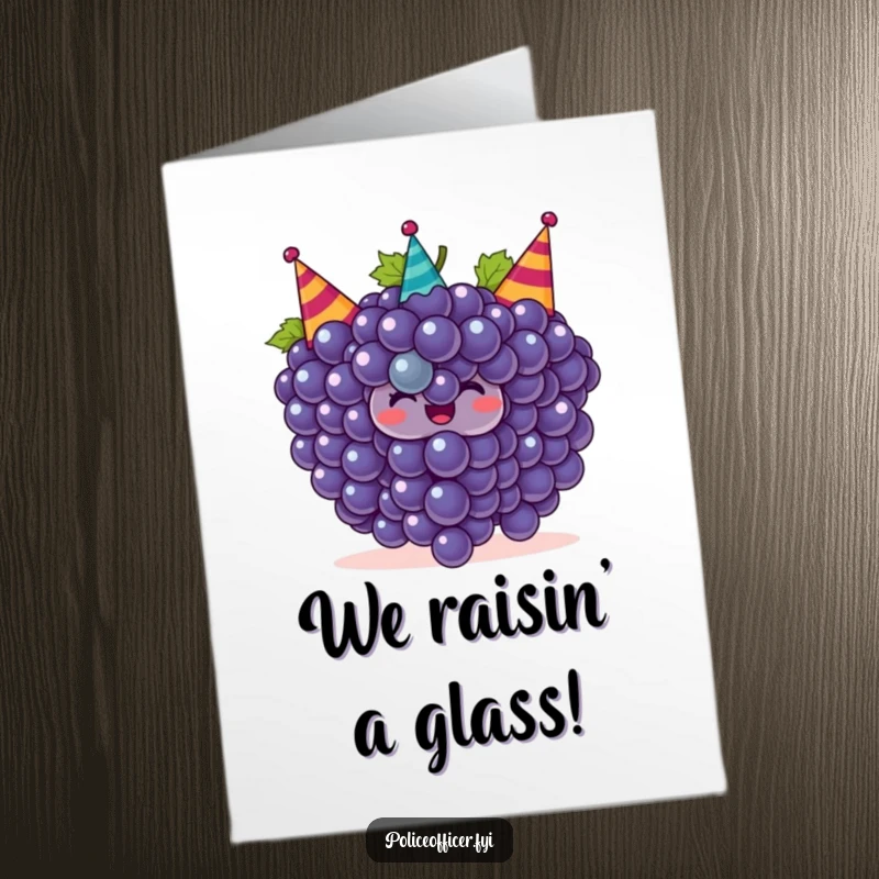 Funny free printable congratulations card featuring smiling grapes in party hats, celebrating an achievement with fruity cheer.