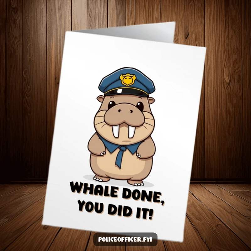 Funny free printable congratulations card with a smiling walrus police officer tipping his hat in celebration.