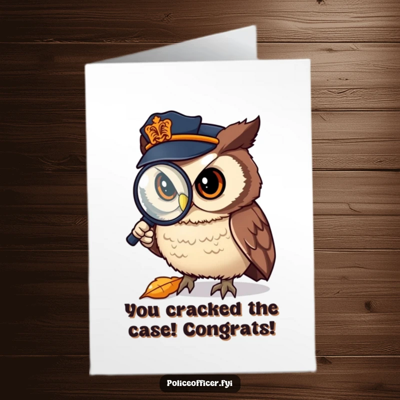 Funny Free Printable Congratulations Card: Owl police officer uses a magnifying glass to examine a fallen leaf closely.