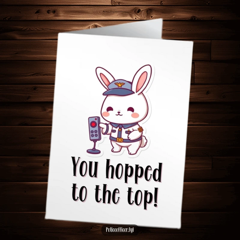 Funny Free Printable Congratulations Card: Rabbit in uniform pressing a remote button, signifying the start of great success. Digital download!