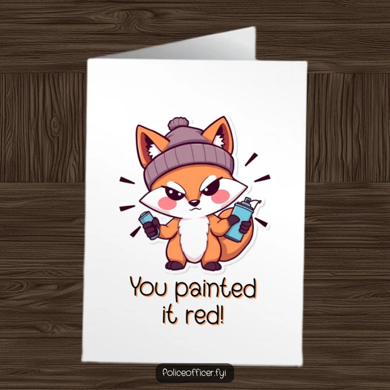 Funny Free Printable Congrats Card: Bold fox in a beanie, sneering, spray can in hand, celebrating your epic win.