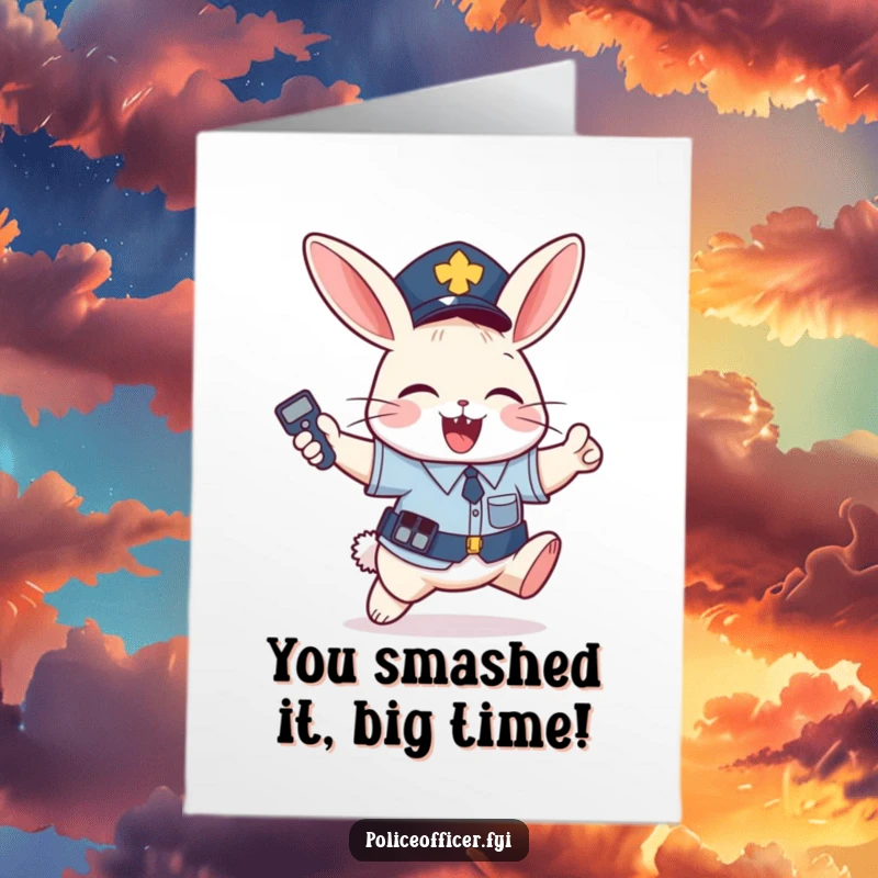 Funny Free Printable Congratulations Card: A police bunny jumps with joy holding a remote, celebrating a big win.