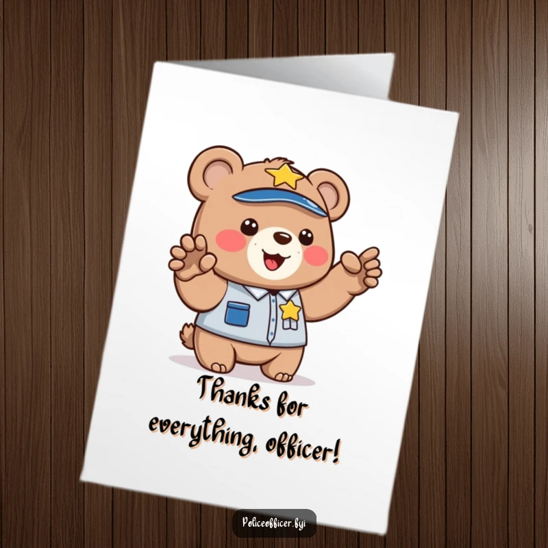 Funny Free Printable Thank You Card: A bear cub police officer directs traffic with a paw, a delightful downloadable gift.