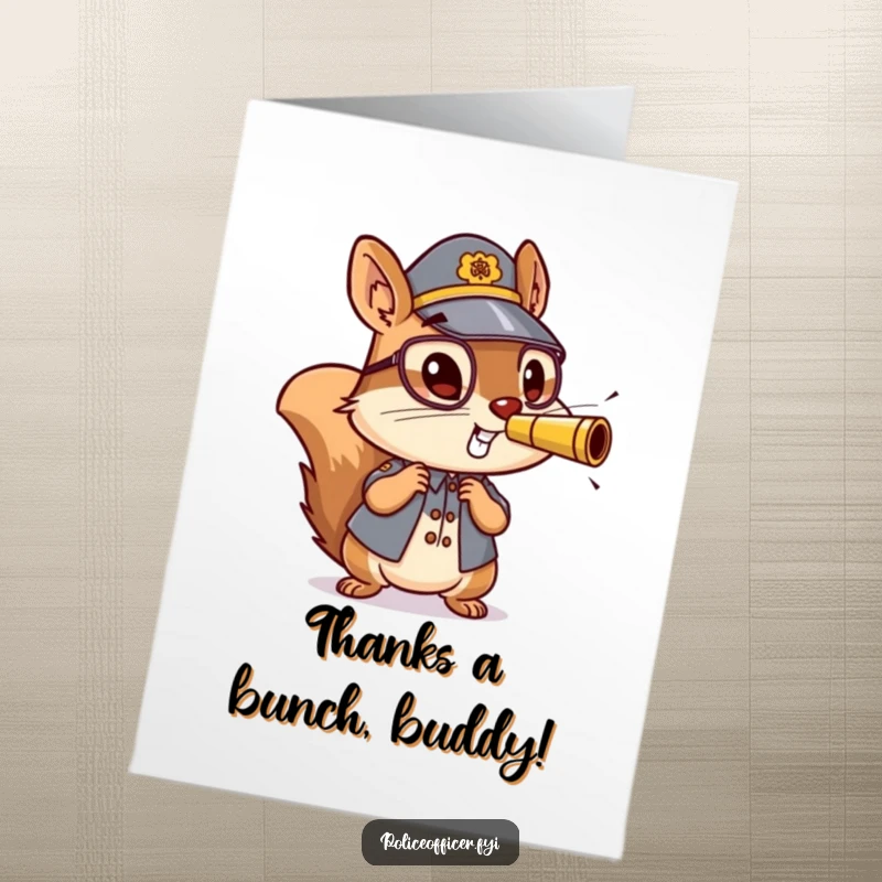 Free printable thank you card with a hyper squirrel officer blowing a mini whistle to express thanks.