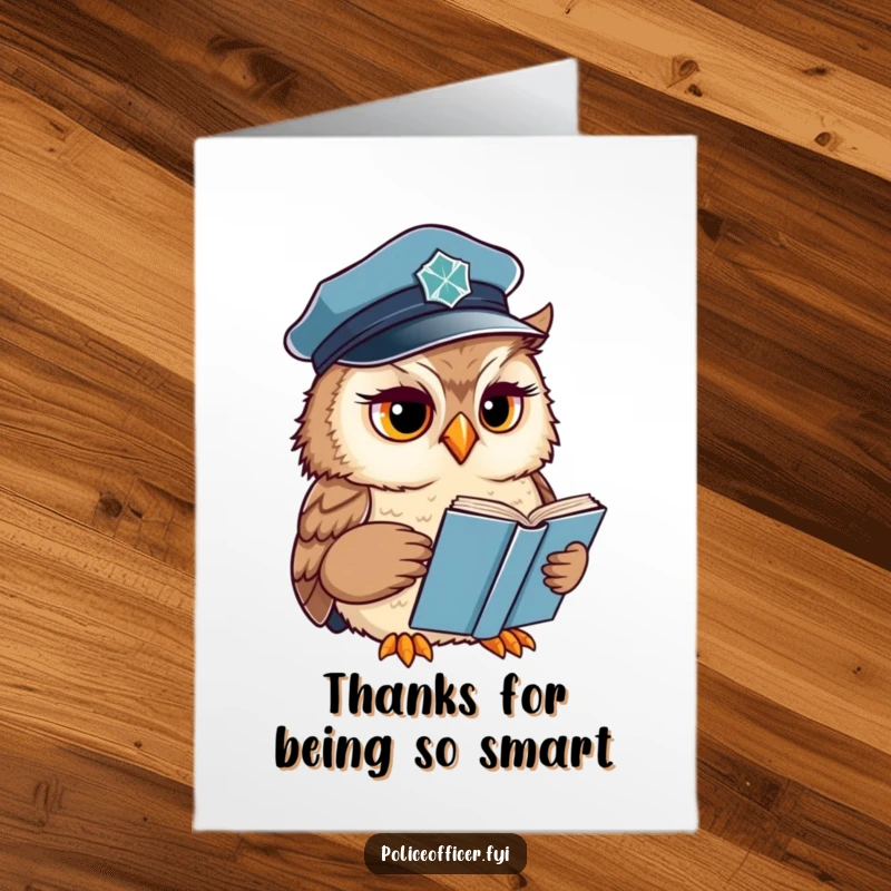 Funny free printable thank you card showing a wise owl in a police cap reading with a concerned expression, conveying thoughtful thanks.