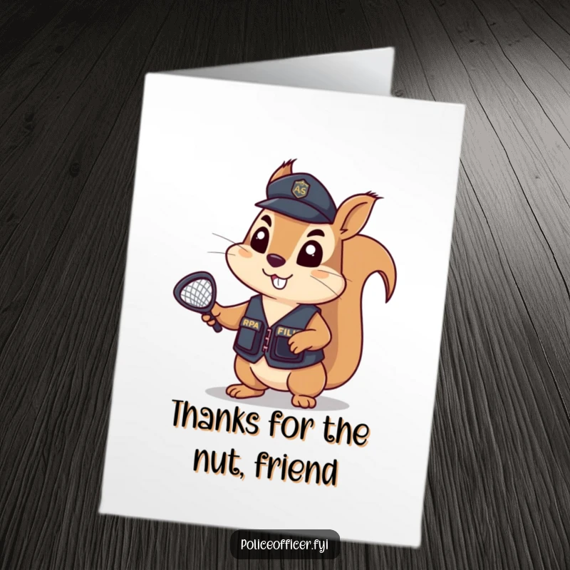 Funny Free Printable Thank You Card featuring a determined squirrel in a police vest, net aloft, humorously ready to catch your kind words.