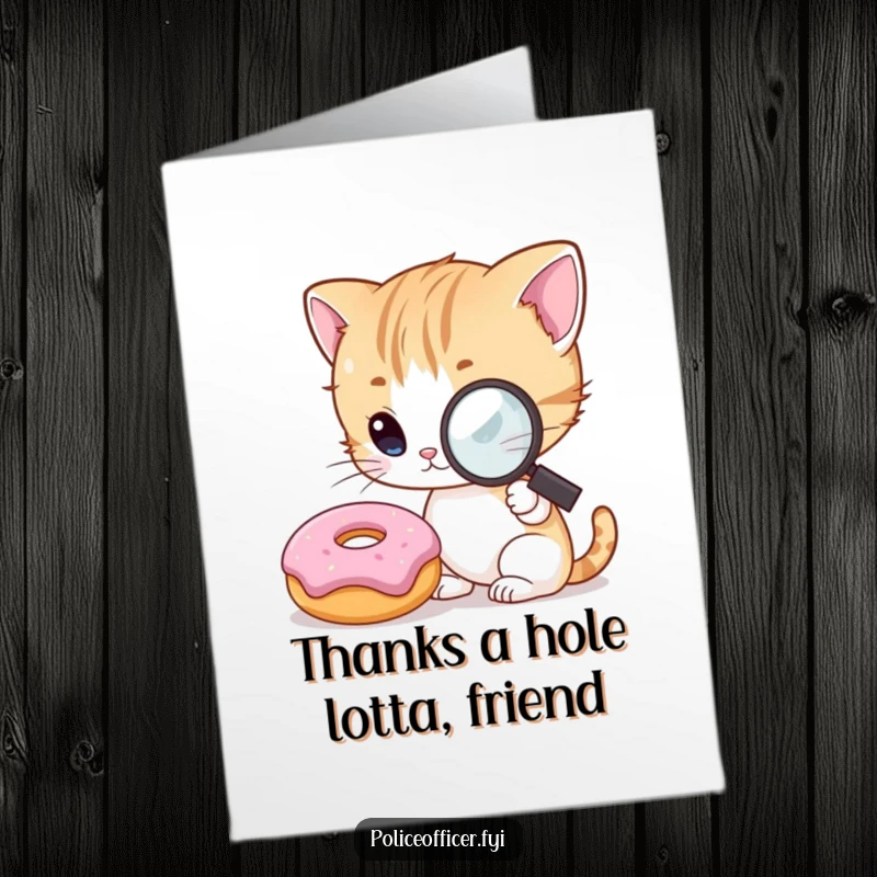 Funny Free Printable Thank You Card: A kitten uses a magnifying glass to closely examine a smiling donut, showing appreciation.