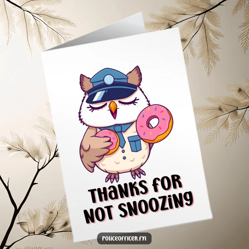 Funny Free Printable Thank You Card: Sleepy owl officer yawning, holding a donut, in a police uniform.