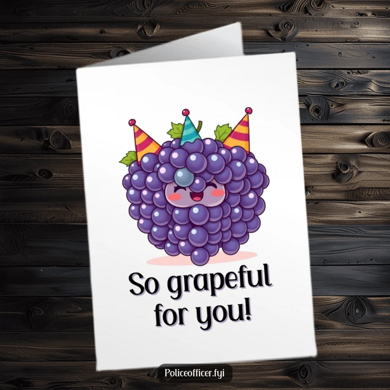 Funny free printable thank you card featuring a bunch of smiling grapes wearing tiny party hats, celebrating with gratitude.