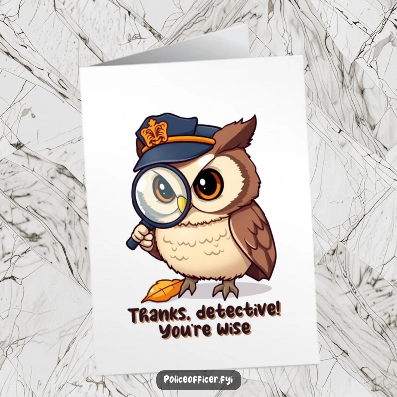 Funny Free Printable Thank You Card: Little owl police officer squints through a magnifying glass at a simple fallen leaf.