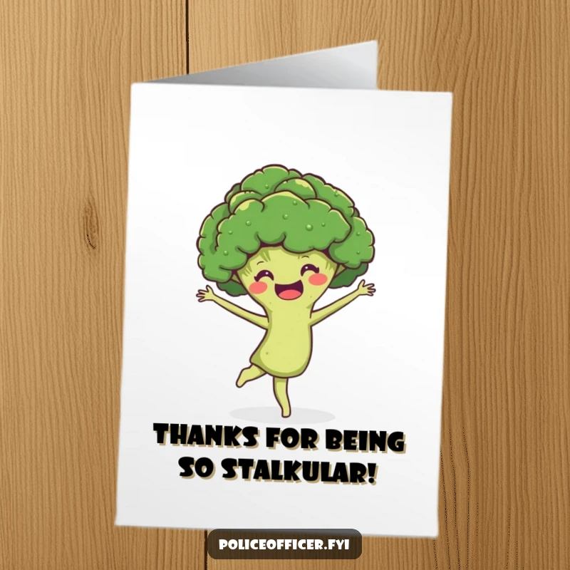 Funny Free Printable Thank You Card: A smiling broccoli head performing a graceful pirouette to express thankful appreciation.
