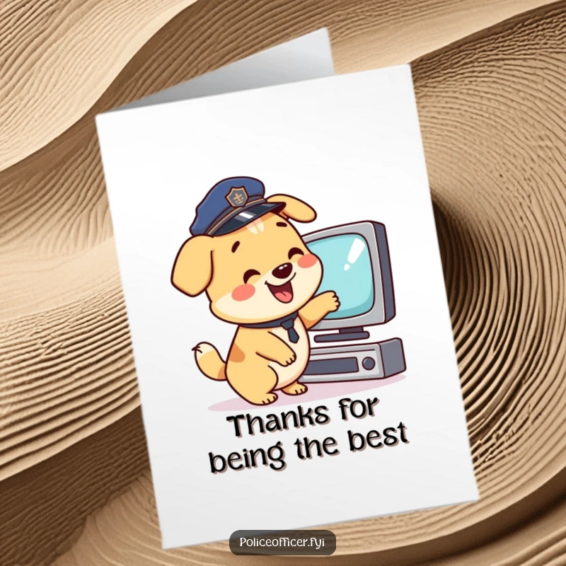 Funny Free Printable Thank You Card: A happy police dog pointing at a TV, wagging its tail, full of thanks.