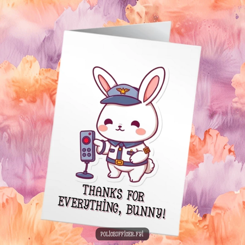 Funny Free Printable Thank You Card: Rabbit in uniform pressing a remote button, sending thanks with a playful digital signal. Unique and fun!
