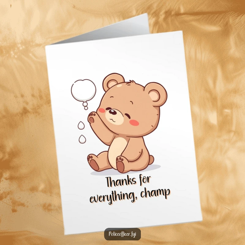 Funny Free Printable Thank You Card: Cute bear cub reaching for a thought bubble, expressing gratitude with a playful grin.