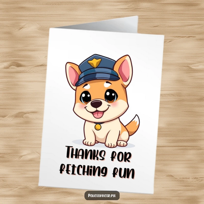 Funny Free Printable Thank You Card: Bouncy dog police officer wagging his tail, wearing a police cap.