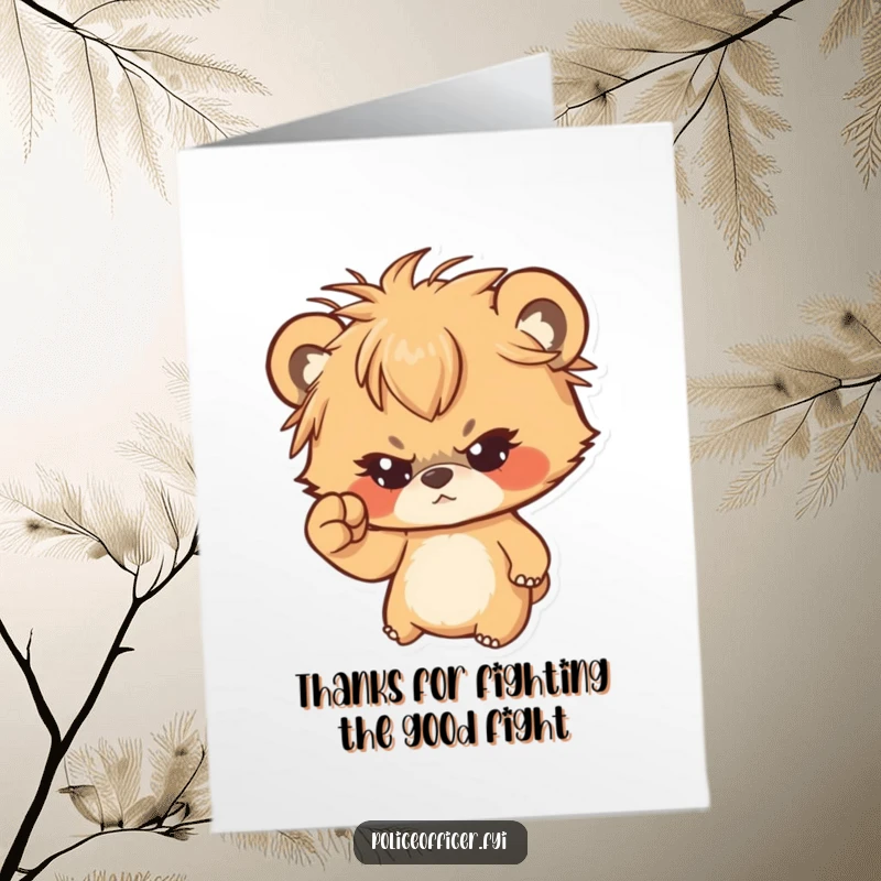 Funny Free Printable Thank You Card: Determined bear cub with messy hair shaking a tiny fist, expressing thanks.