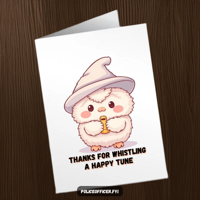 Funny Free Printable Thank You Card: Fluffy creature in a pointed hat uses a tiny whistle to say thanks.