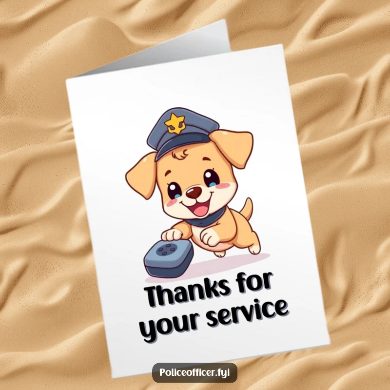 Funny Free Printable Thank You Card: A happy puppy in a police hat chasing a runaway remote.
