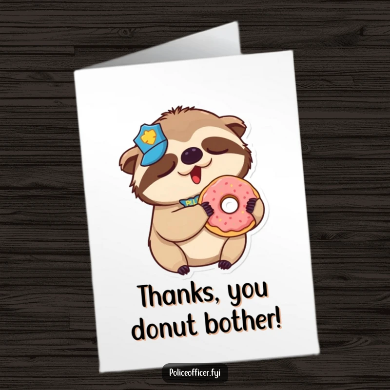 Funny Free Printable Thank You Card: Sleepy sloth police officer in badge yawns, holding a donut, saying thanks.