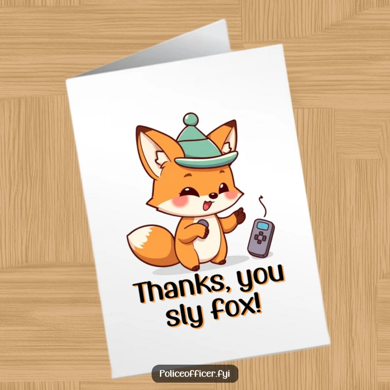 Funny Free Printable Thank You Card: Mischievous fox and remote, signaling precise gratitude. A uniquely funny way to say thank you.