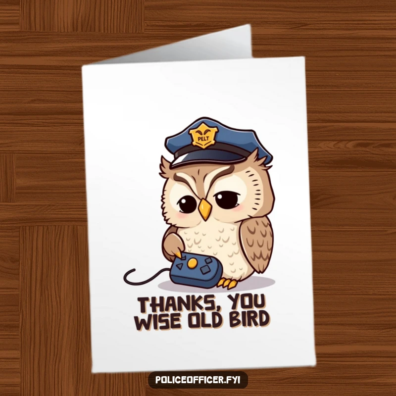 Funny Free Printable Thank You Card: A wise owl in a police cap examining a remote control.