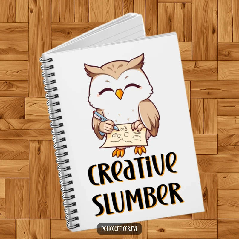 Funny Owl Notebook with a contented owl, half-closed eyes, doodling on a scroll with a feather pen, ideal for creative journaling, a funny gift.
