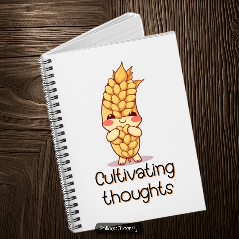 Funny ear of wheat bowing with a smile on a notebook cover, encouraging thoughtful writing.