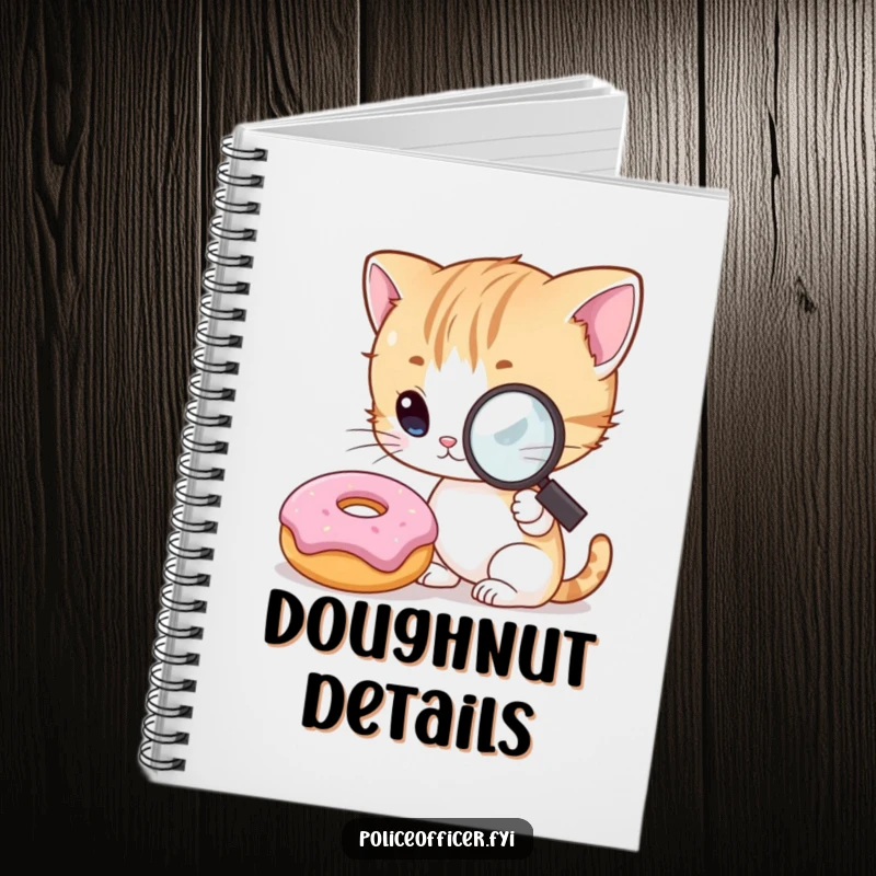 Funny Kitten Detective Notebook featuring a curious kitten with a magnifying glass, intensely examining a smiling donut, perfect for writing and cute humor.