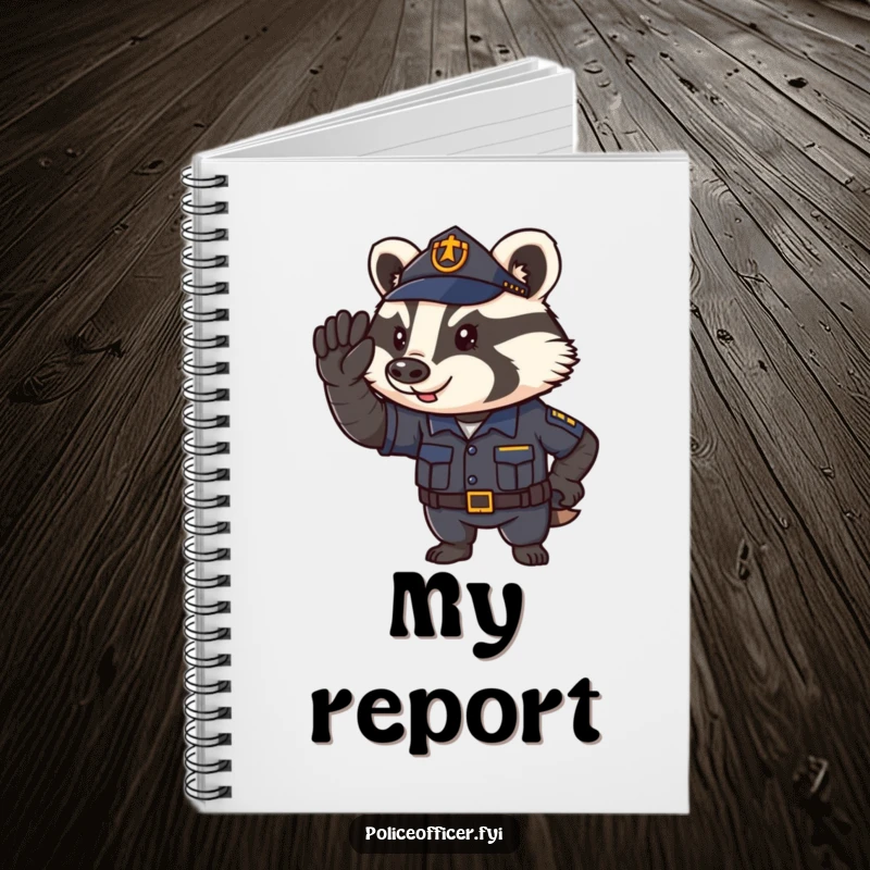 Funny Notebook featuring a determined badger police officer saluting, ideal for journaling and organized note-taking.