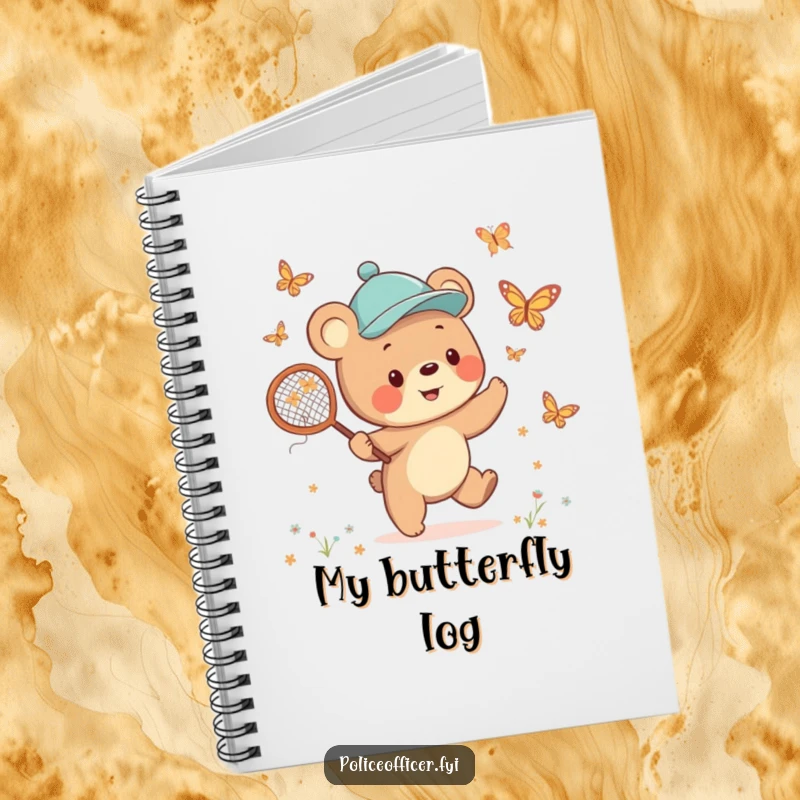 Funny Bear Cub Notebook featuring a cheerful cub in a jaunty cap, happily chasing butterflies with a net, perfect for writing and cute humor.